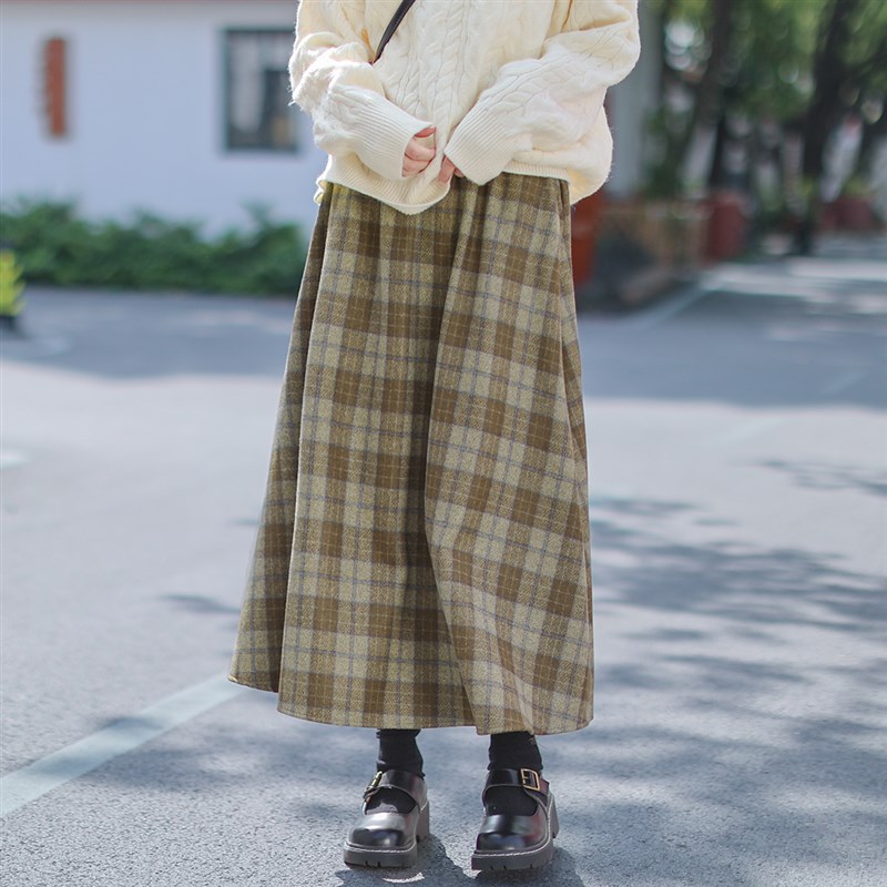 艺野系复古毛呢格子半身裙女秋冬日系高腰a字显瘦vintage大摆伞裙