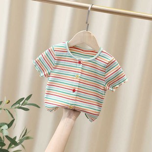 女童开衫条纹T恤短袖纯棉夏季2024新款洋气夏装中大儿童短款上衣
