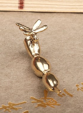 黄铜实心纯铜小摆件桌面手把件蜻蜓莲藕茶道茶宠雕铸古玩小铜器