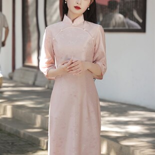 温柔粉色少女倒大袖旗袍2024新款新中式年轻款气质连衣裙订婚礼服