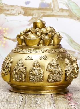 黄铜带盖聚宝盆摆件五路财神招财聚财大小号家居工艺装饰中式礼品