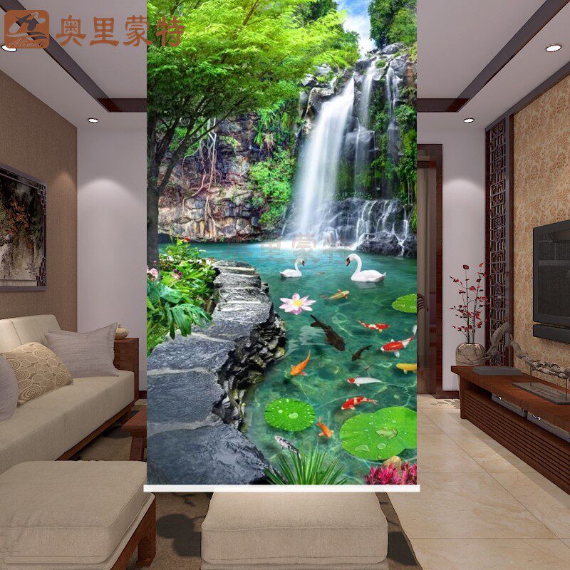 3D立体山水风景画荷花锦鲤窗帘隔断全遮光隔热防水油手拉升降卷帘