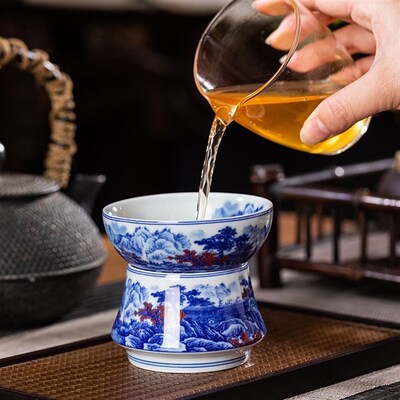 景德镇七丞堂青花釉里红茶漏茶叶过滤网全瓷一体茶隔陶瓷清流胜境