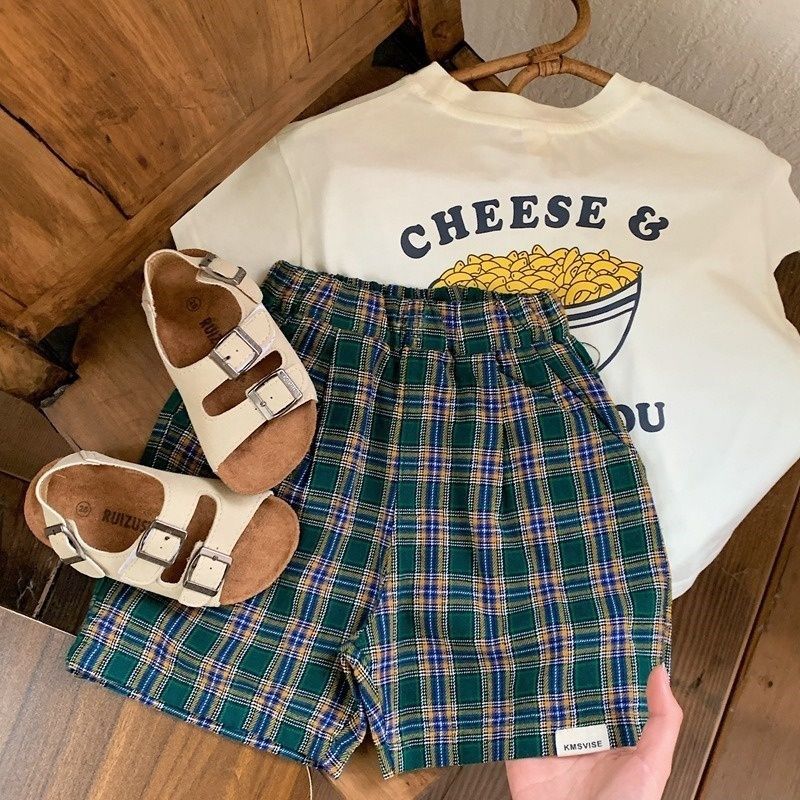 男童短袖套装纯棉夏季新款薄款中小童上衣宝宝复古格子短裤两件套