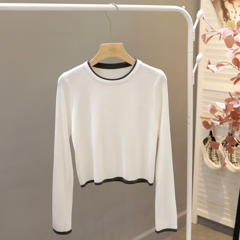 羊毛拼色假两件长袖打底衫修身显瘦长袖T恤女秋冬小个子短款上衣
