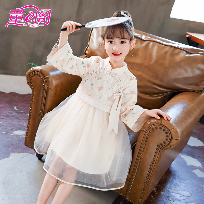 女童中国风连衣裙长袖蕾丝裙秋季中大童复古风裙儿童淑女网纱裙子