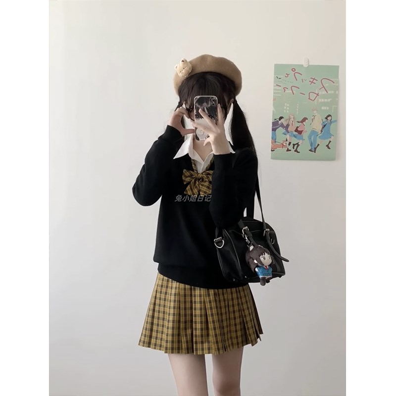 jk学院风纯色毛衣女叠穿套头针织衫校供感穿搭向日葵格裙套装百搭