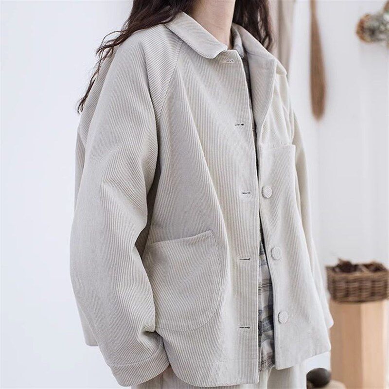 2024春秋新款文艺全棉小西装灯芯绒面料翻领开襟米白长袖厚外套女