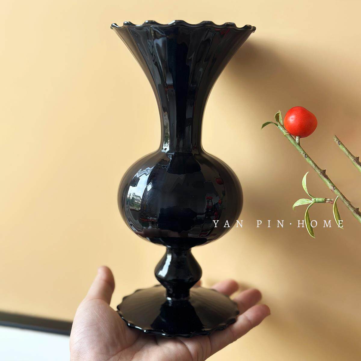 优选黑色法式玻璃花瓶高级感插花摆件装饰客厅中古书房茶室店铺小