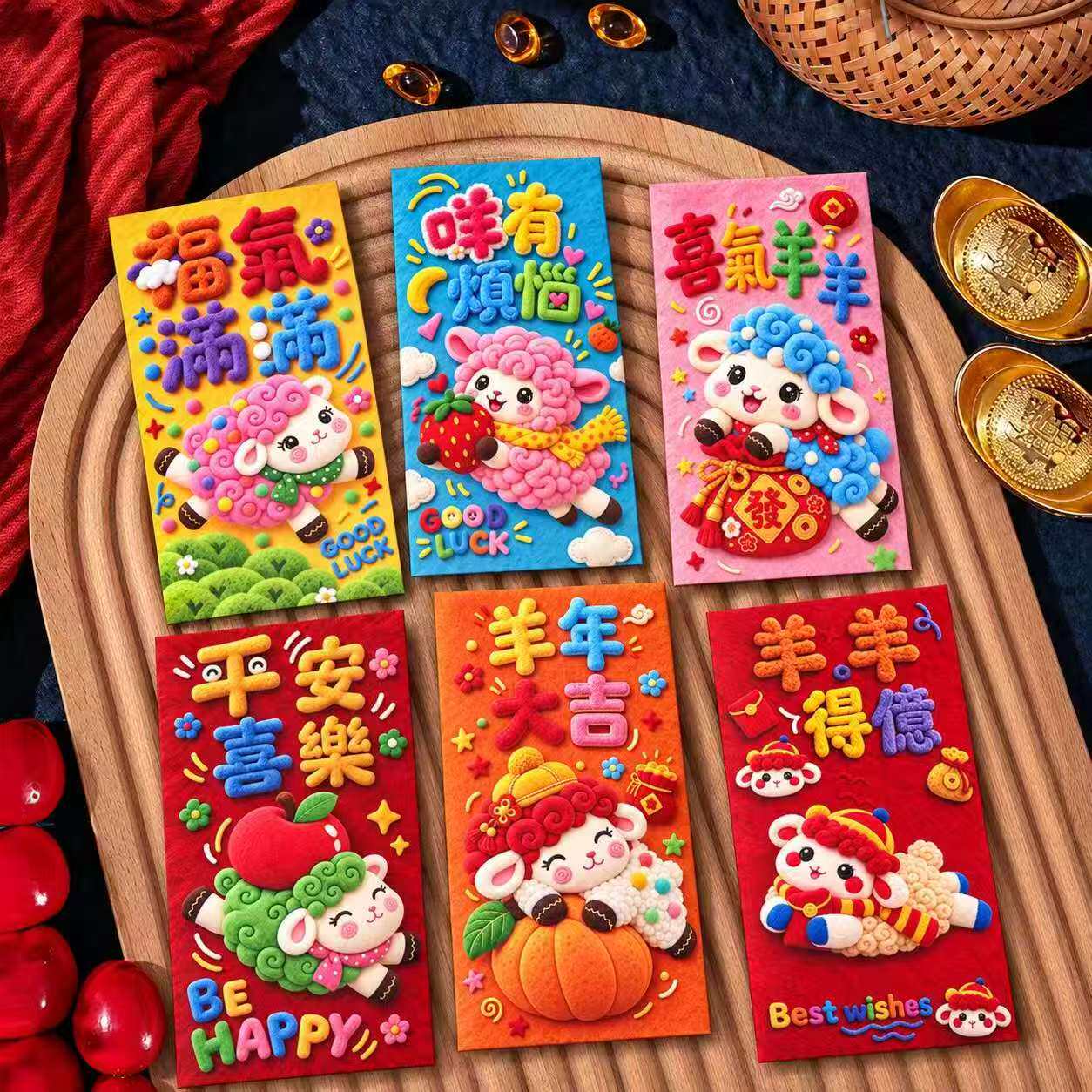 新年红包2027年萌趣小羊卡通手绘过年羊年利是封仿刺绣风春节红包