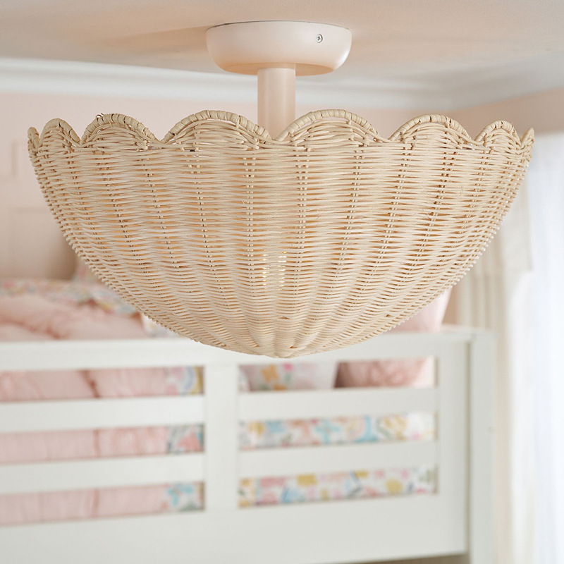 美式乡村藤编卧室吸顶灯装饰儿童房吸墙灯民宿卧室艺术设计师灯饰