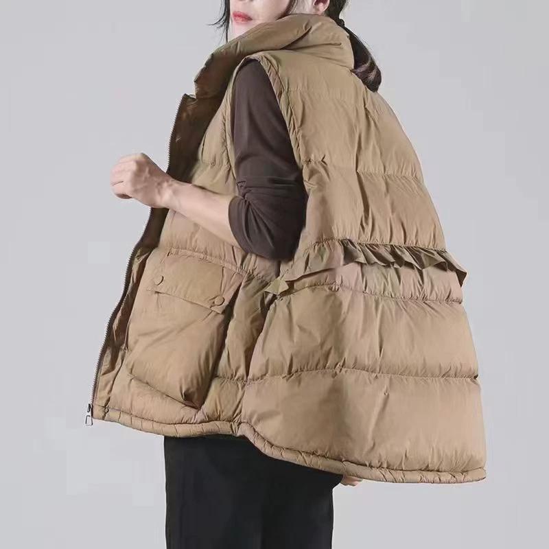 秋冬新款花边羽绒服马甲文艺复古立领休闲荷叶边白鸭绒背心
