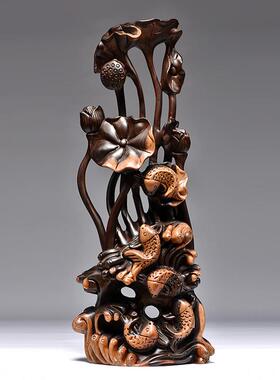 黑檀木雕刻年年有鱼根雕荷花摆件家居客厅玄关装饰工艺品乔迁送礼