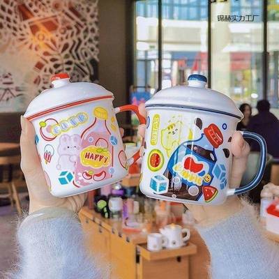 怀旧铁搪瓷杯儿童卡通马克杯防摔刷牙杯子创意水杯可爱带盖子家