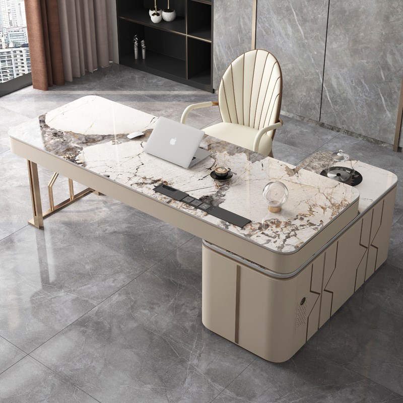 岩板转角书桌家用茶桌书桌一体自动烧水老板办公桌简约现代轻奢
