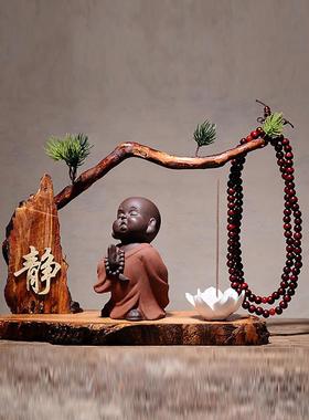 创意中式玄关博古架紫砂摆件禅意小和尚 家居装饰陶瓷达摩工艺品