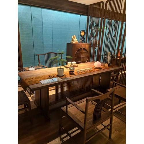 新中式黑胡桃实木茶桌椅组合办公室别墅设计师岩板泡茶桌高端定制