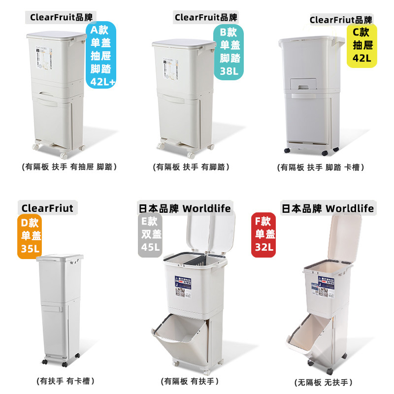日式双层分类垃圾桶干湿分离家用厨房余专用环保带盖大号带轮防臭