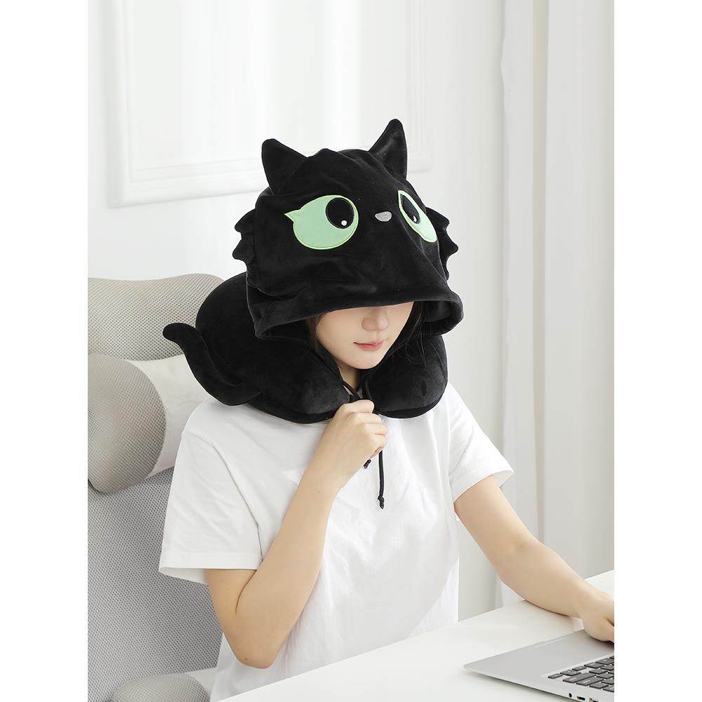 卡通黑猫带帽U型枕便携旅行护颈枕学生午睡枕连帽靠枕生日礼物