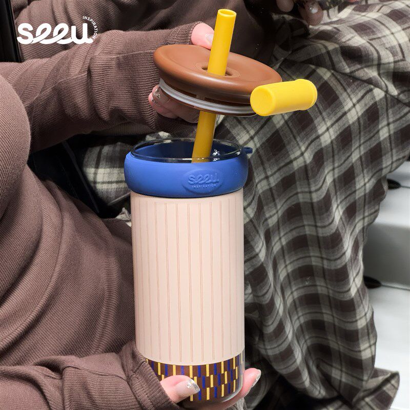 seeu灵感条纹诗保温杯玻璃内胆316不锈钢水杯吸管杯500ml