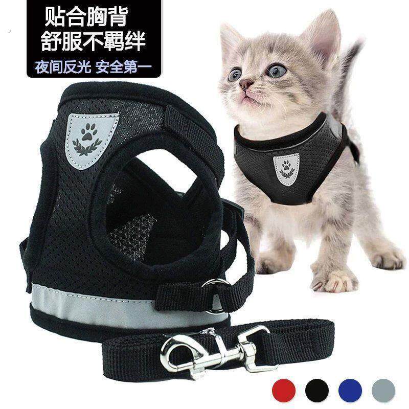遛猫牵引绳猫咪牵引绳背心式可调节反光透气小猫咪防挣脱胸抱婴袋