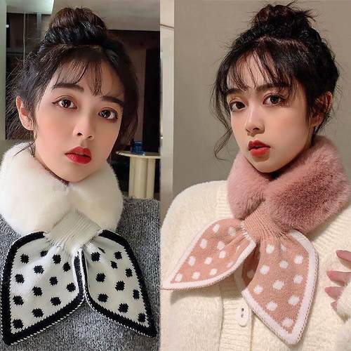 波点毛绒围巾女韩系百搭针织氛围感可爱百搭保暖交叉围脖毛领护颈