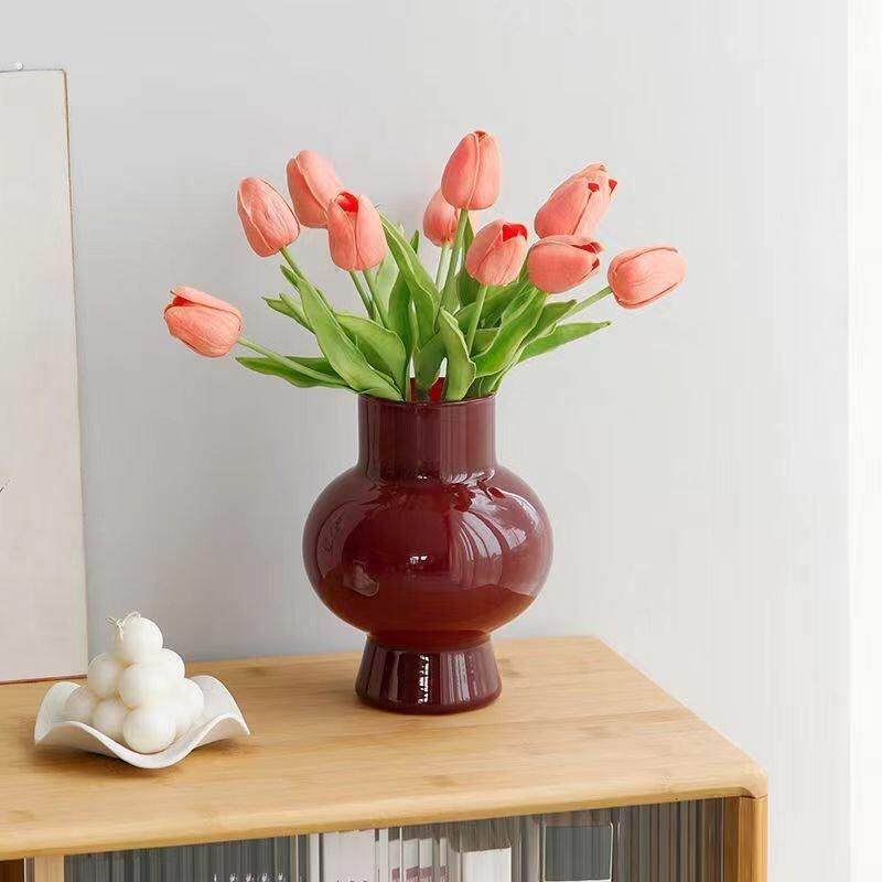 中古顿高颜值玻璃花瓶法式ins奶玉色客厅插花摆件高级感花器