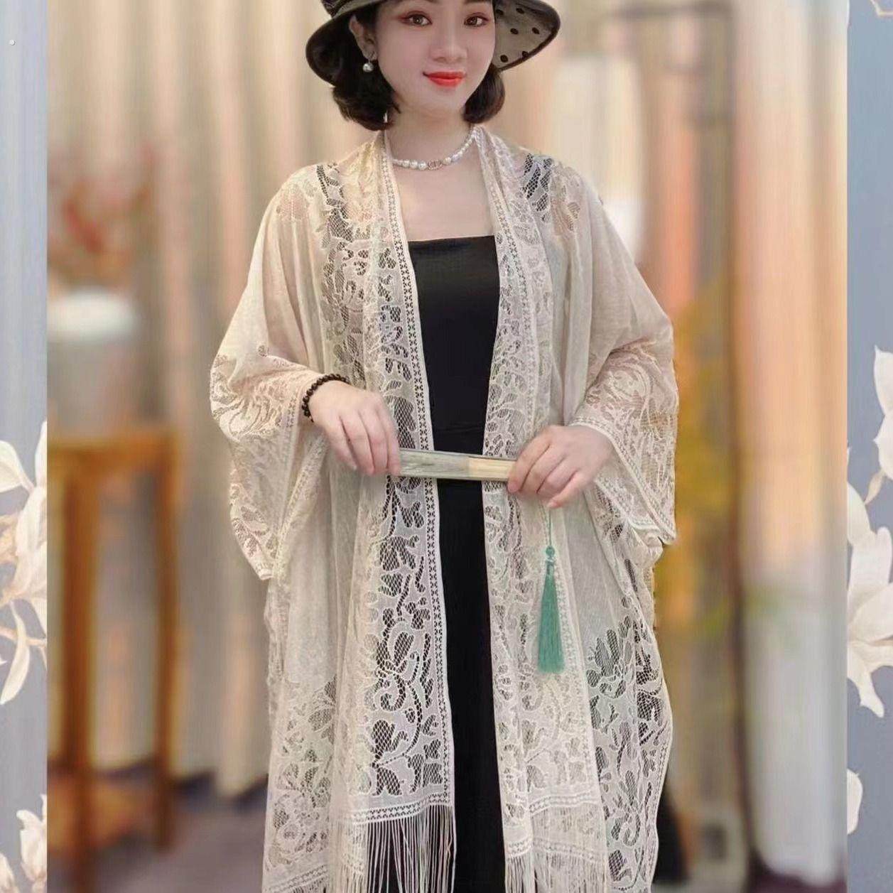 夏季中式蕾丝流苏披肩新款春夏旗袍开衫防晒气质薄款镂空古风长款