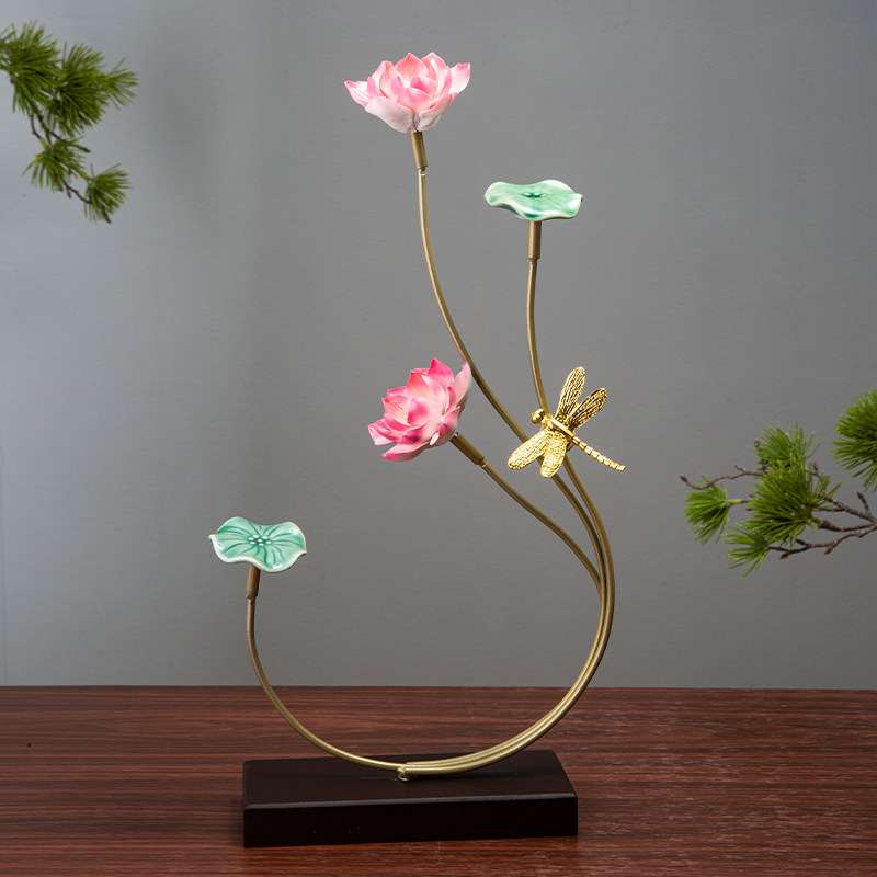 创意荷花摆件新中式铁艺陶瓷莲花工艺品家居客厅玄关电视柜装饰品,家居饰品,装饰摆件,淘宝优惠券,粉丝福利购,淘宝优惠卷