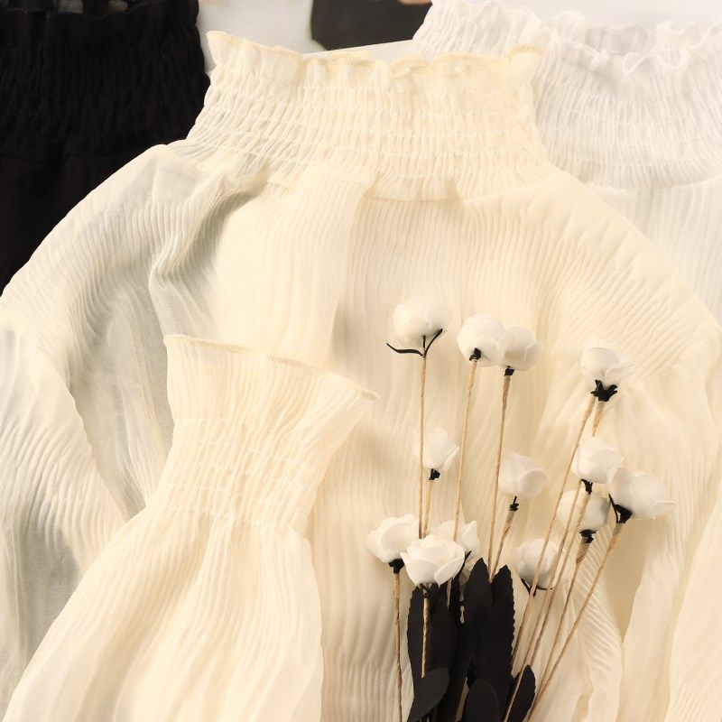 半高领蕾丝打底衫女秋冬2024新款叠穿薄款纱衣内搭喇叭袖雪纺衫女