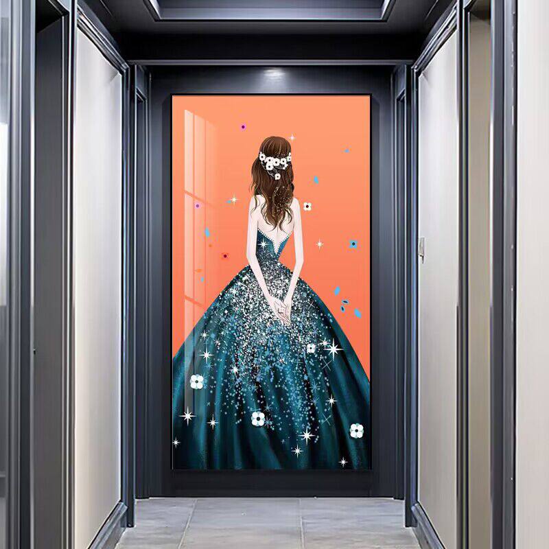 轻奢风玄关装饰画时尚美女艺术人物挂画竖版走廊过道墙壁画晶瓷画