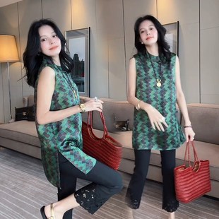 国风气质衬衫女2025夏季新款高档修身显瘦盘扣中长款无袖开叉上衣