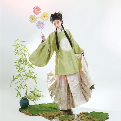 无贰集不休春 明制圆领大襟袄喜鹊竹圆补柳绿 织金马面裙春汉服
