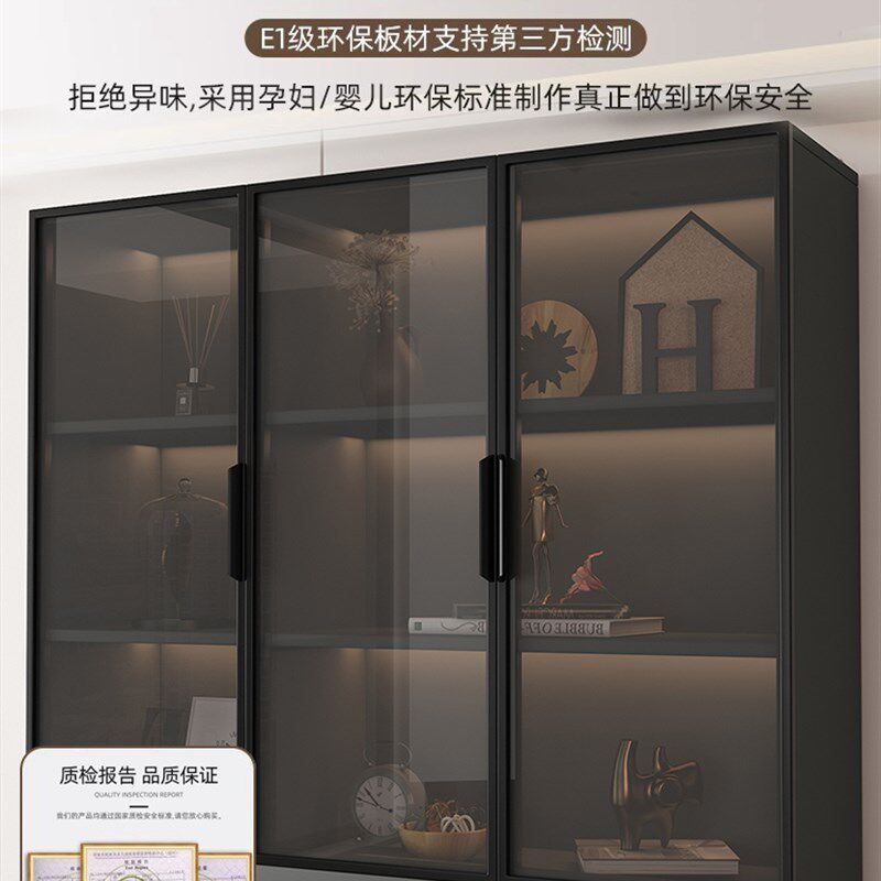 书柜法式奶油风玻璃门组合展示柜客厅一体整墙书橱轻奢实木储物柜