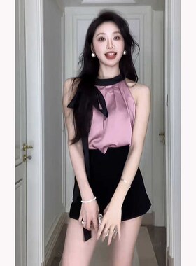 紫色法式无袖挂脖吊带外穿露肩上衣高腰显瘦黑色西装短裤春夏套装