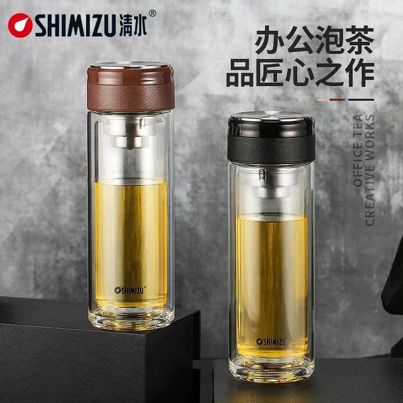 清水双层玻璃杯商务泡茶杯防烫防漏水杯带茶隔滤网车载保温杯8391