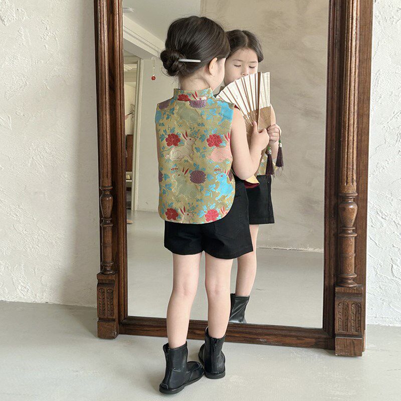 女童新中式玉兔马甲夏装2024新款儿童国风盘扣背心套装夏季女宝宝