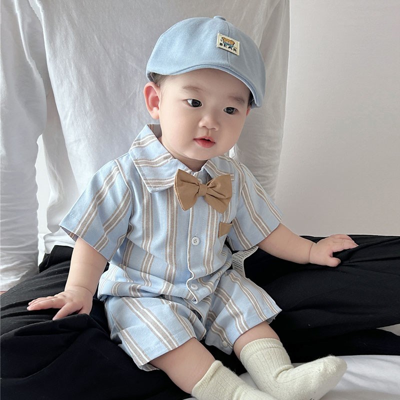 男宝周岁夏装婴儿衣服夏季薄款短袖哈衣男童连体衣短爬宝宝百天服