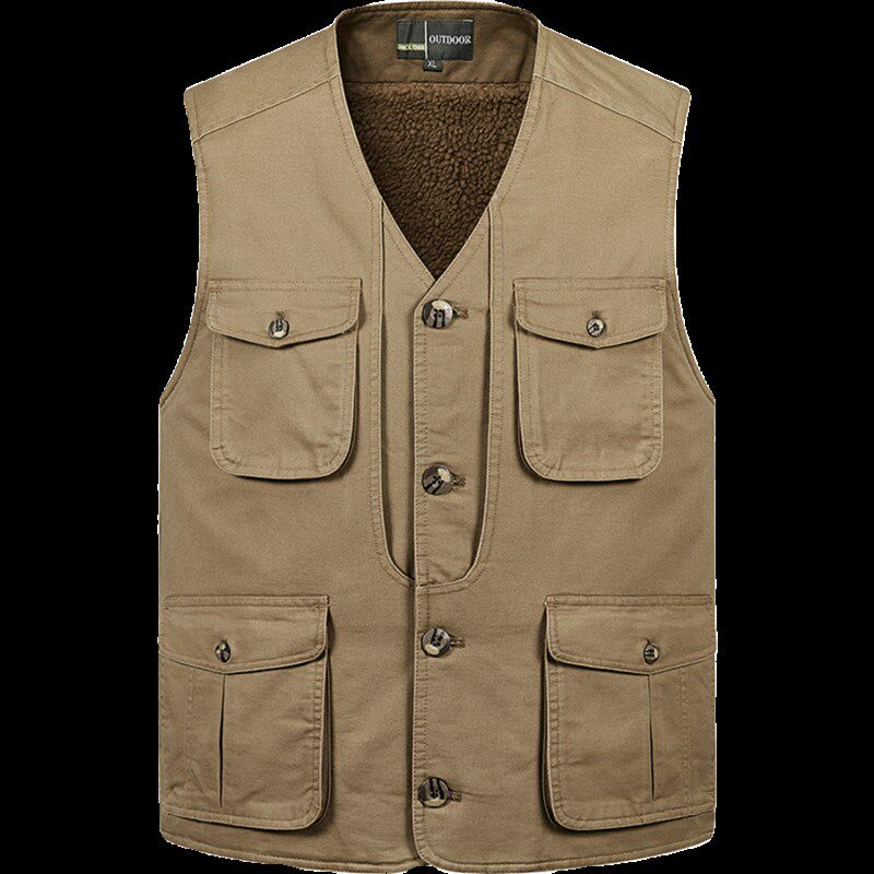 加绒加厚冬季男式保暖背心中老年人爸爸多口袋纯棉背心男士钮扣款