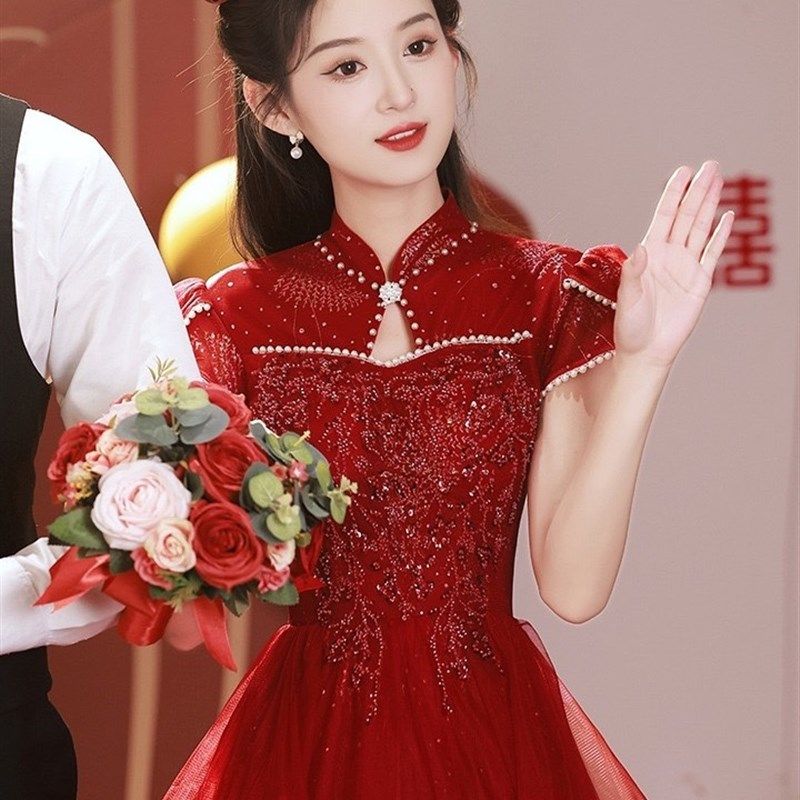 旗袍敬酒服2024新款新娘结婚红色主婚纱轻奢高级感中式订婚礼服女
