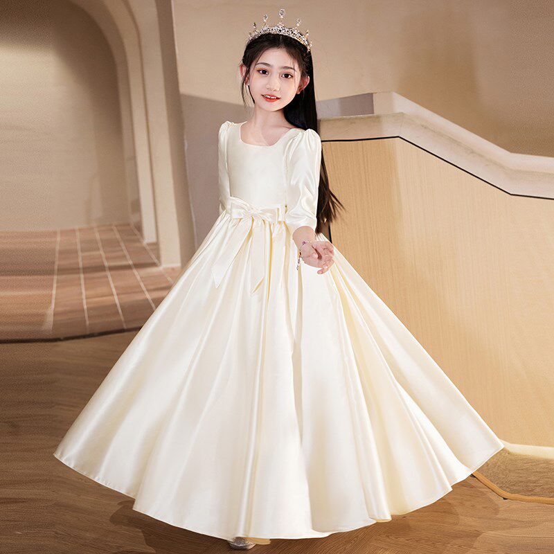 儿童礼服缎面生日小女孩花童婚礼公主裙女童主持人高端钢琴演出服