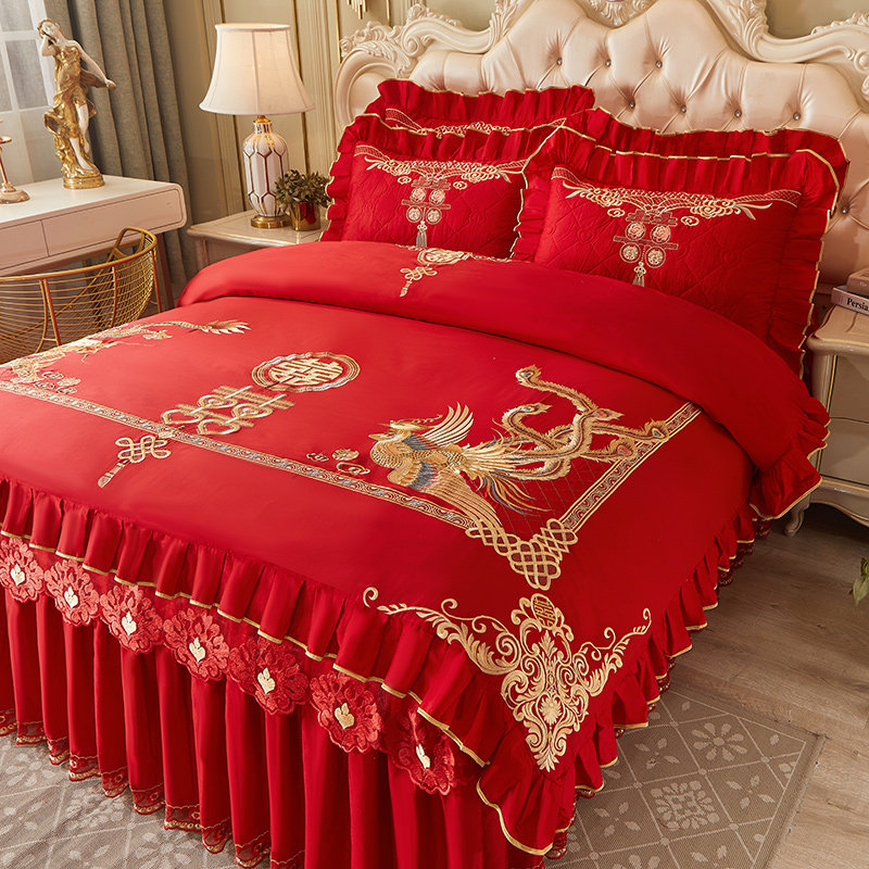 结婚大红色全棉四件套纯棉牀裙中式加厚牀罩喜庆龙凤被套婚庆牀组