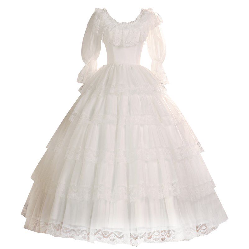 法式蕾丝复古在逃公主轻婚纱旅拍蓬蓬裙古着白色民国风长袖礼服女