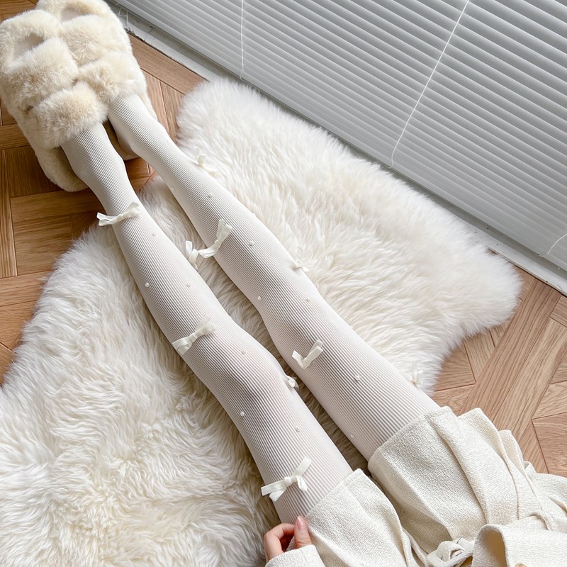 秋冬白色连裤袜手工蝴蝶结珍珠JK白丝袜lolita甜美奶白色打底袜子