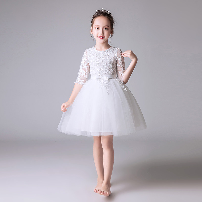 2020新款儿童礼服公主裙女童蓬蓬纱生日白色小花童长袖钢琴演出服