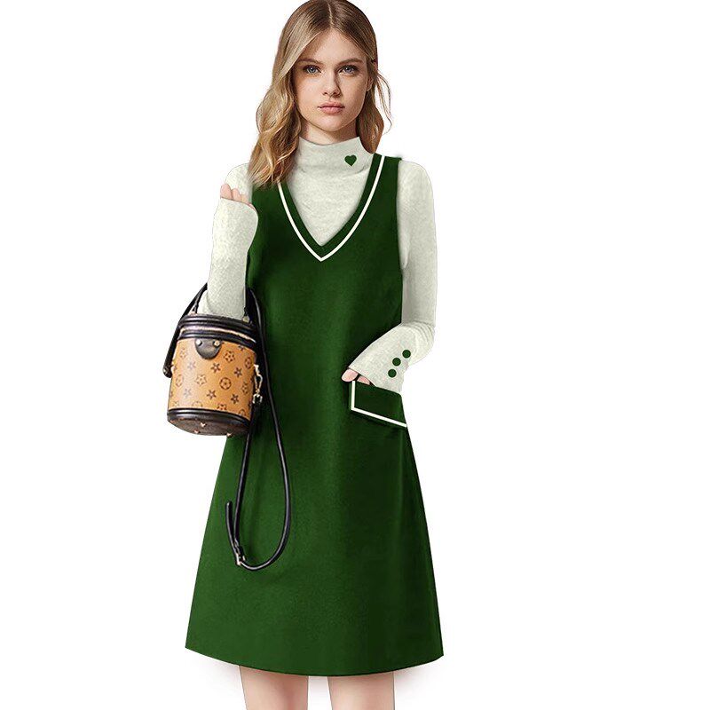 欧美名媛春季2024新款气质两件套装文艺绿色中长款背心连衣裙上衣
