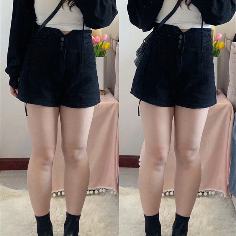 黑色弹力牛仔短裤女夏季薄款小个子大码胖mm高腰显瘦梨形身材裤子