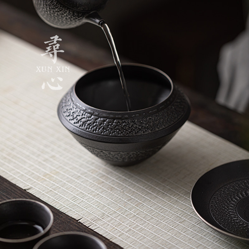 手工跳刀建水中式复古陶瓷茶杯洗家用古黑鎏银水盂茶渣缸茶道配件