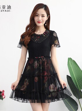 88920新款夏装黑色蕾丝连衣裙气质名媛短袖纱料裙大码裙子