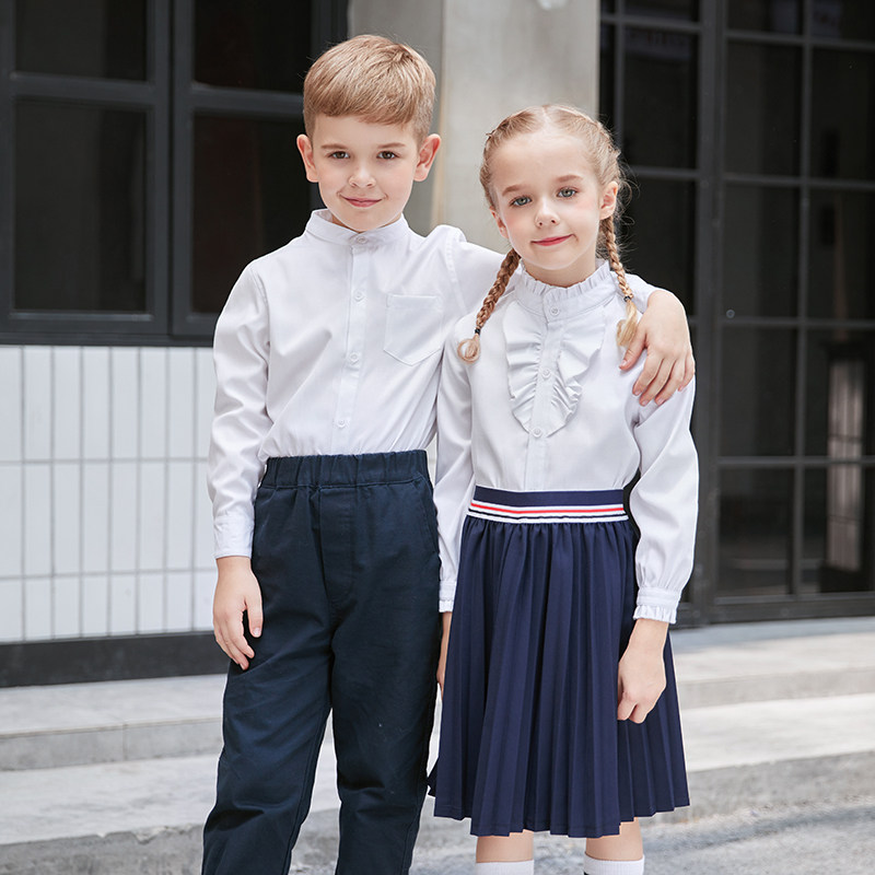 女童洋气白衬衫小学生校服男童长袖衬衣幼儿园园服立领儿童演出服